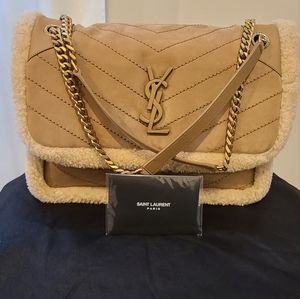 Saint Laurent Niki YSL Monogram Medium Nubuck & Shearling Shoulder Bag